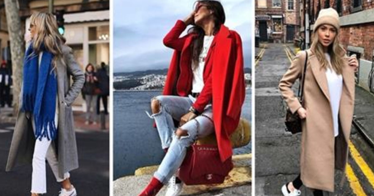 Сочетание пальто+кроссовки — 21 стильных образов для весны 2018 года