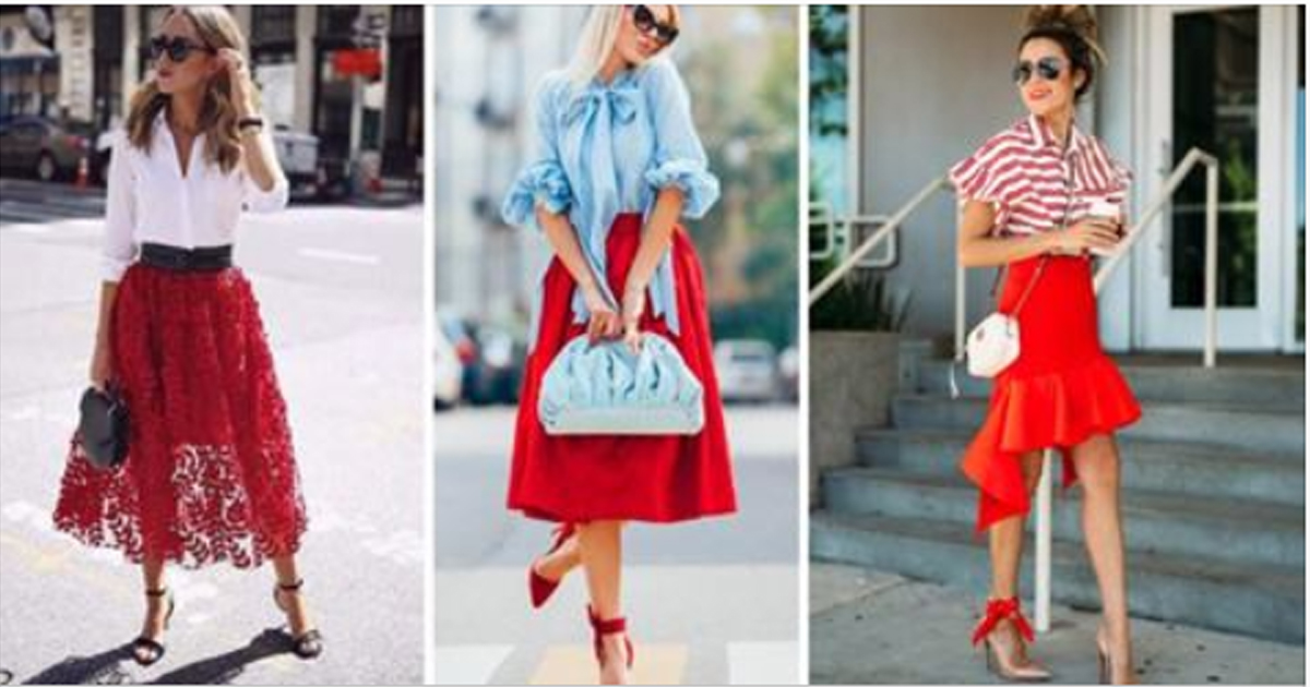 Модные сочетания красной юбки с блузкой 2018: 15 стильных образов